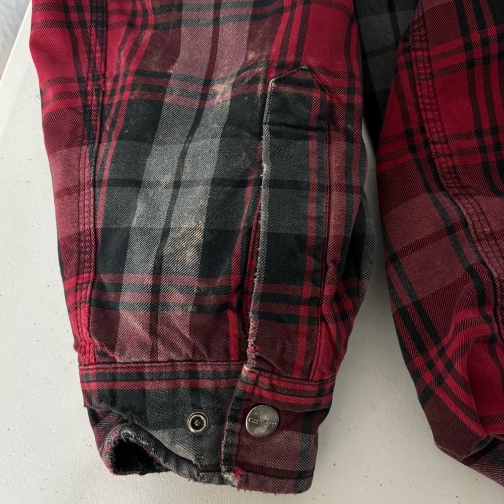 Carhartt Men's Red Black Plaid Flannel Shirt Jacket- Shacket Size‎ L Thrashed - Picture 10 of 14